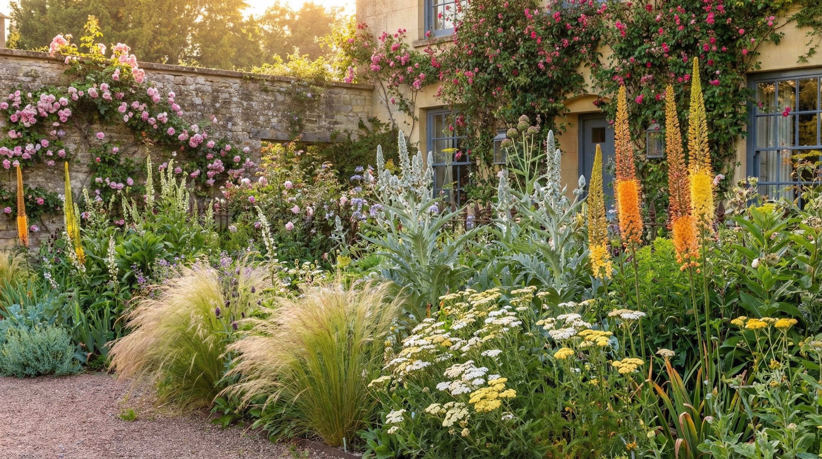 A romantic English country garden with climbing roses, foxtail lilies, and cardoon