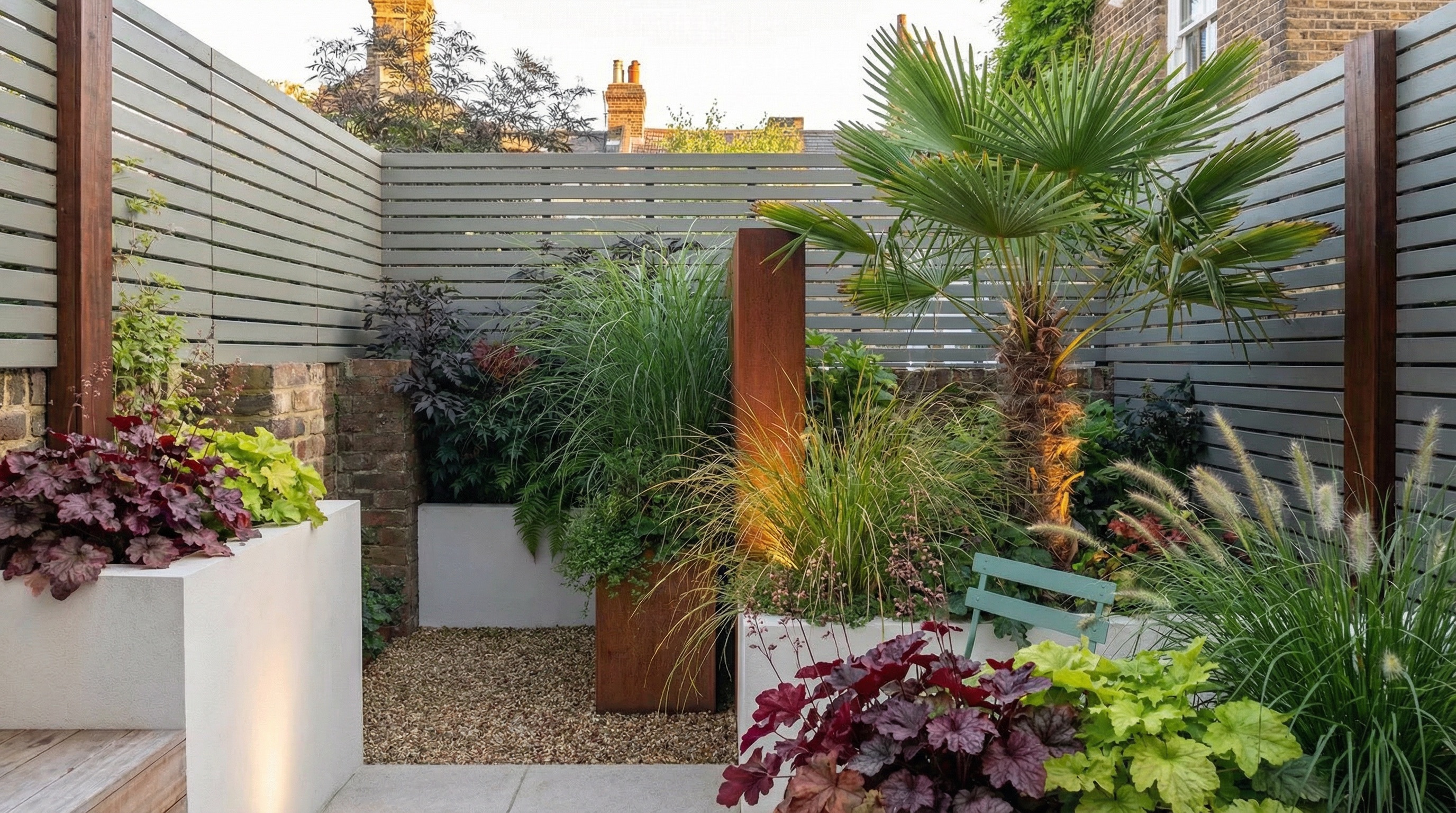 A modern architectural garden with windmill palm, coral bells, and ornamental grasses