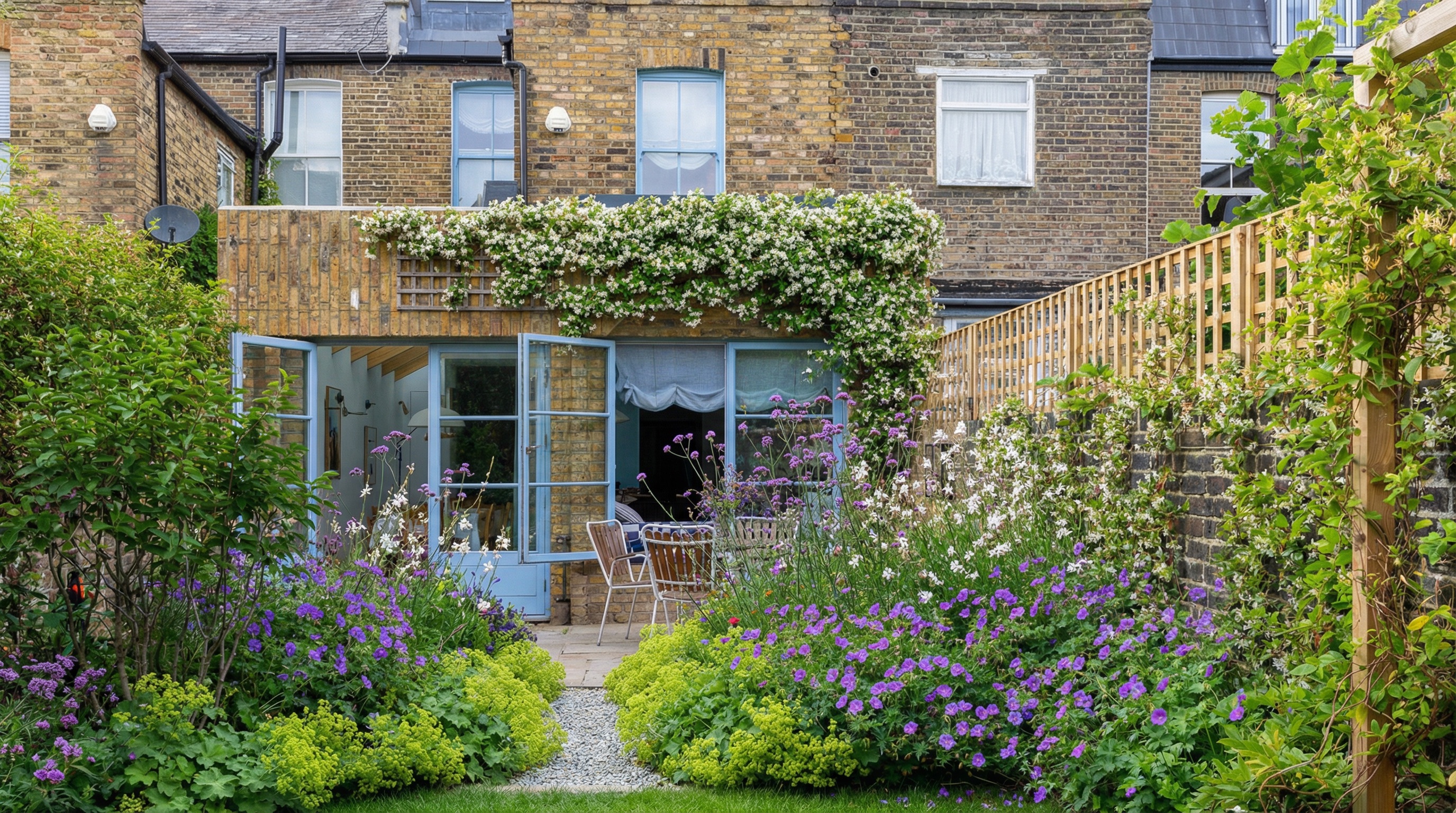 A cottage garden in full summer bloom with jasmine, gaura, and cranesbill geraniums